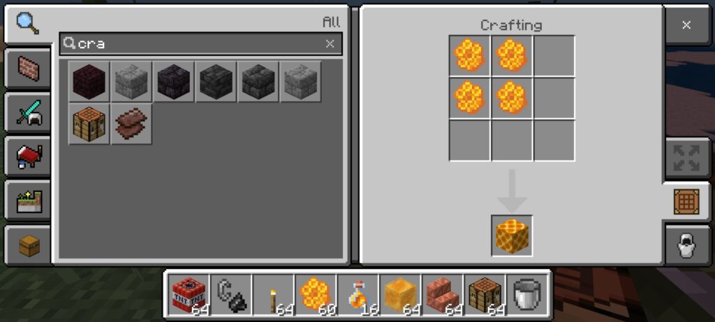 image showing the recipe for a honeycomb blocks at a minecraft crafting table