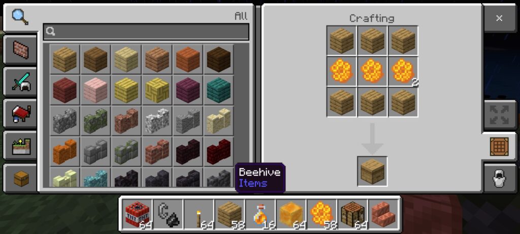 image showing the recipe for a beehive at a minecraft crafting table