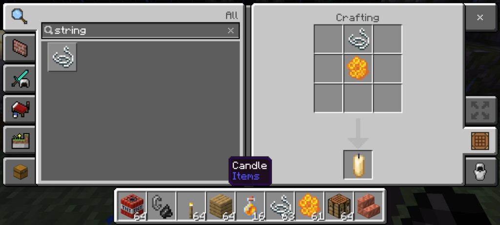 image showing the recipe for a candle at a minecraft crafting table