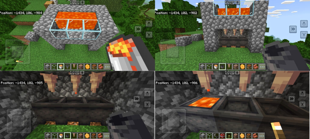 Shown are the 4 stages to building an infinite lava source in minecraft