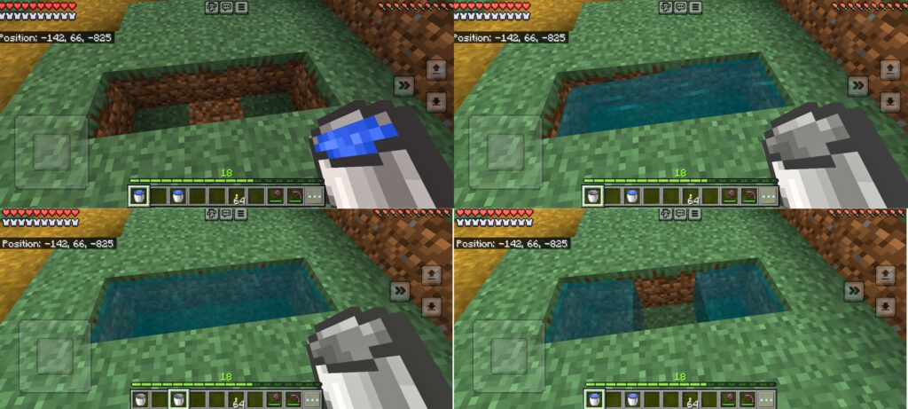 the four stages of creating and infinite water source in minecraft